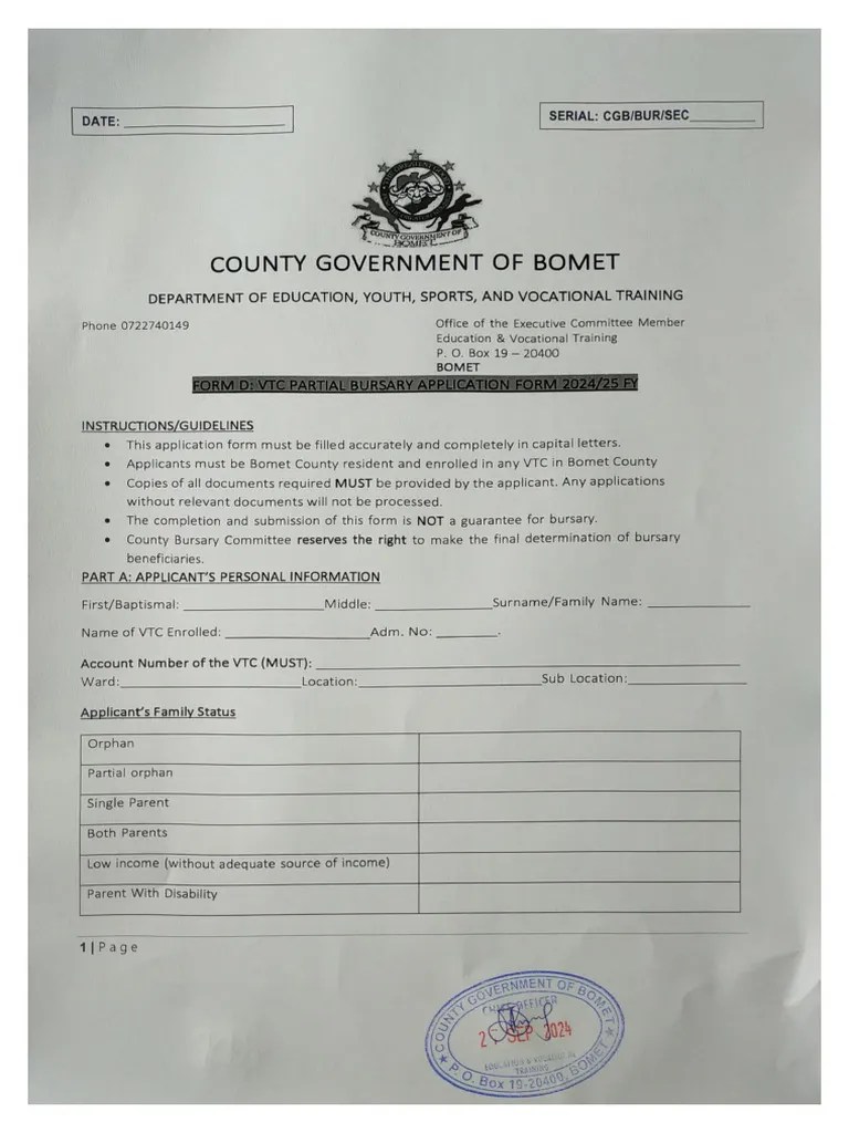 VTC Partial Bursary Application Form 2024 25 FY | PDF