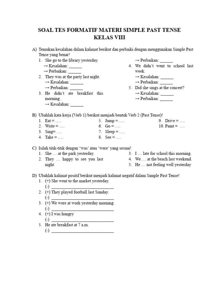 SOAL TES FORMATIF MATERI SIMPLE PAST TENSE 2025 | PDF
