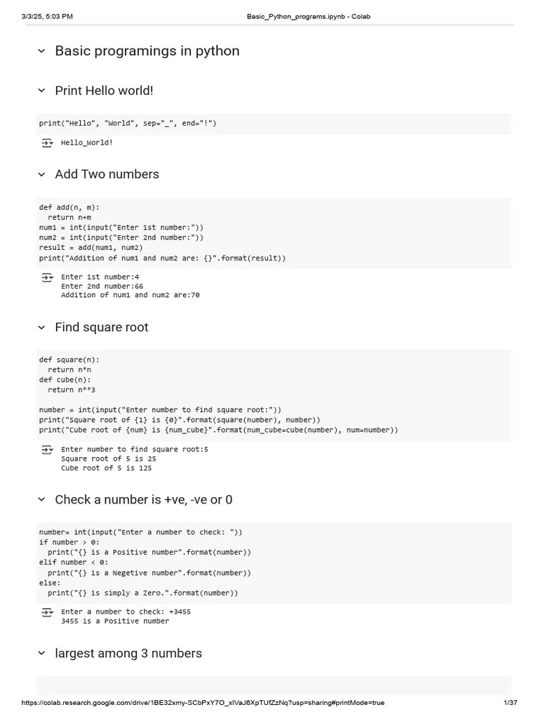 Basic - Python - Programs - Ipynb - Colab | PDF | Matrix (Mathematics ...