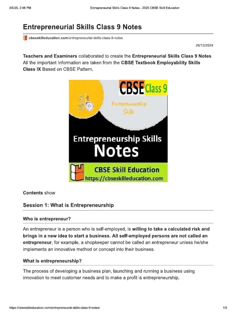 Entrepreneurial Skills Class 9 Notes | PDF