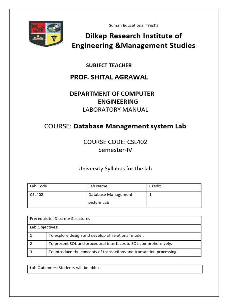 DBMS Lab Manual | PDF | Relational Model | Relational Database