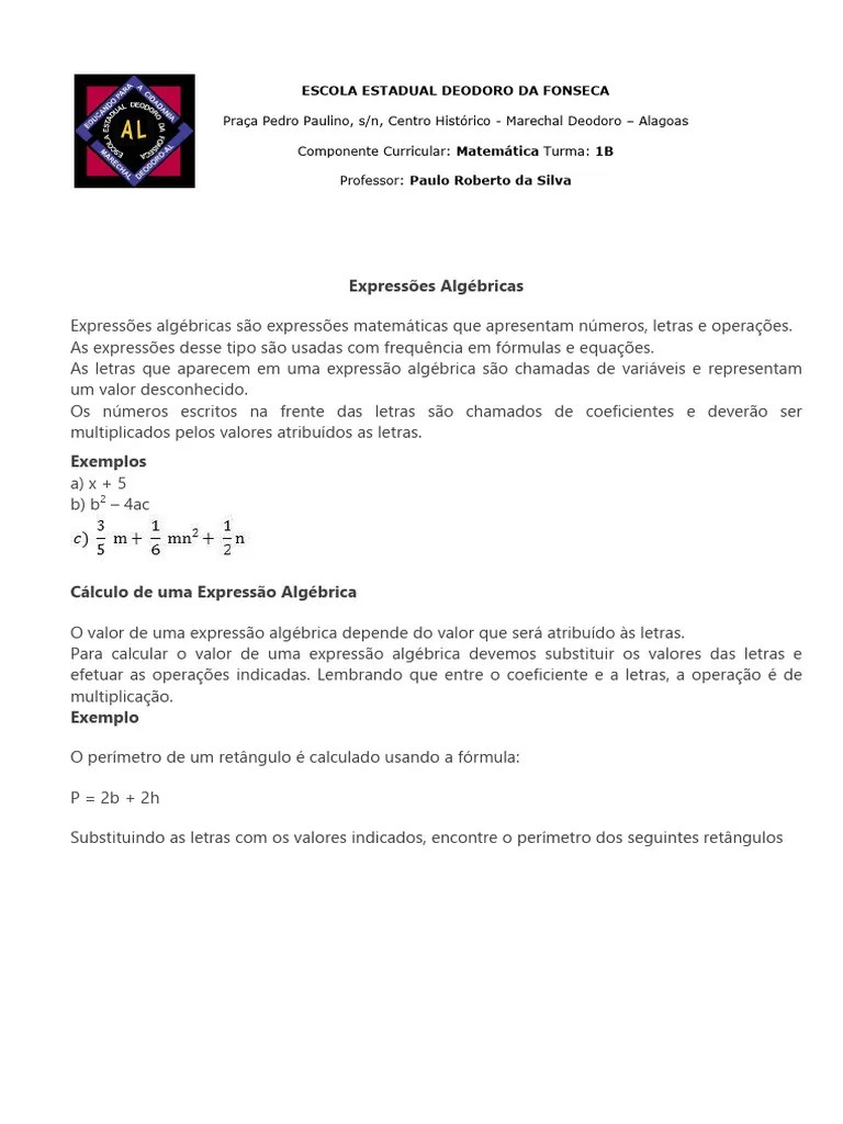 Expressões Algébricas - Aluno | PDF | Matemática Elementar | Álgebra Abstrata