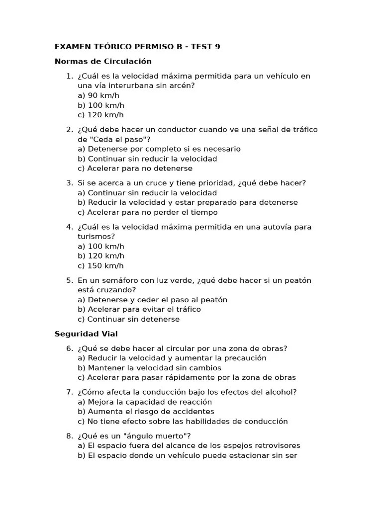 EXAMEN TEÓRICO PERMISO B Test 9 | PDF | Tráfico | Semáforo