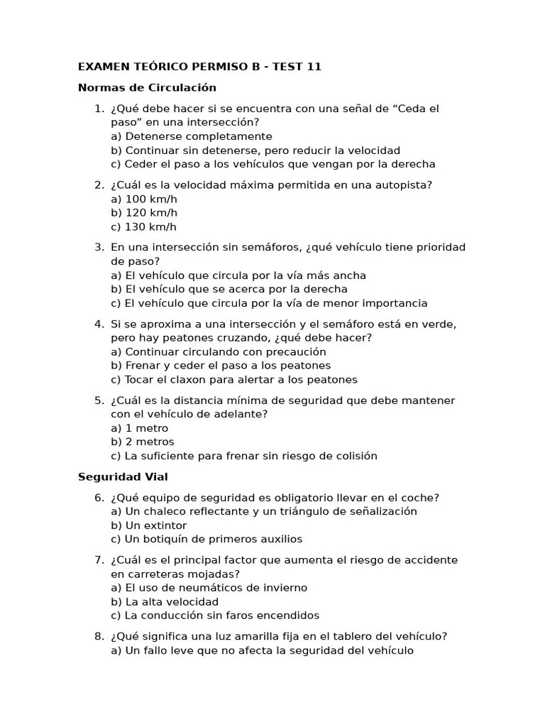 EXAMEN TEÓRICO PERMISO B Test 11 | PDF | Tráfico | Semáforo