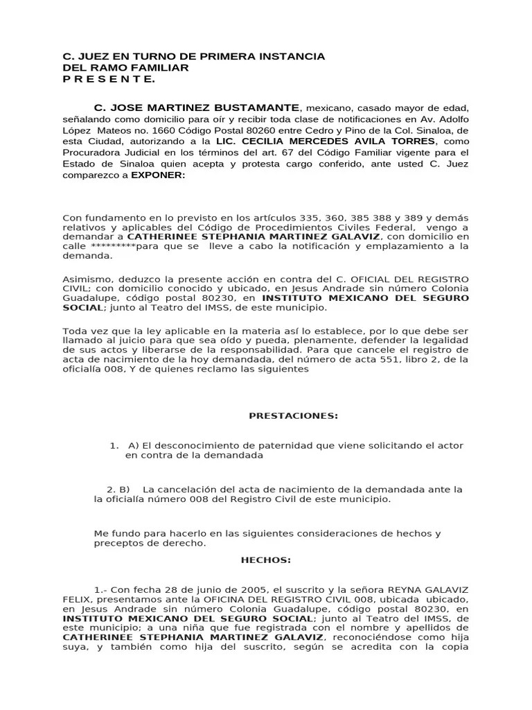 DESCONOCIMIENTO DE PATERNIDAD Profe Jose Martinez | PDF | Demanda ...