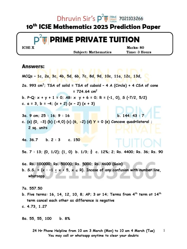 Answer Sheet - 10th ICSE 2025 Maths Paper Prediction (2) | PDF