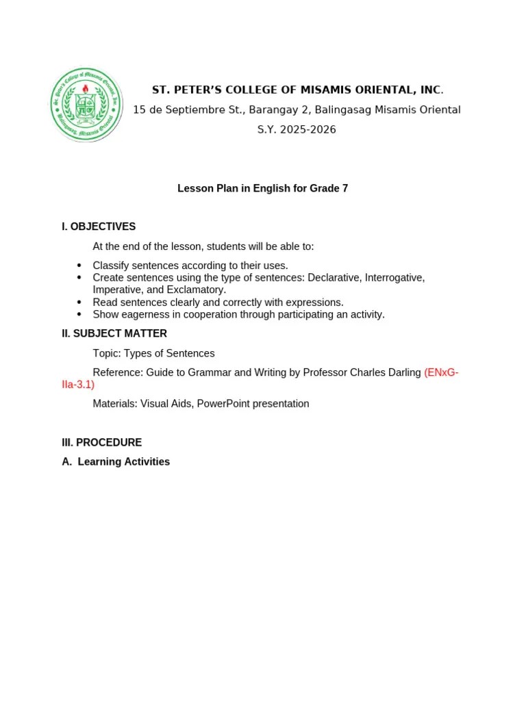 Lesson Plan (Types Of Sentences) | PDF | Sentence (Linguistics ...