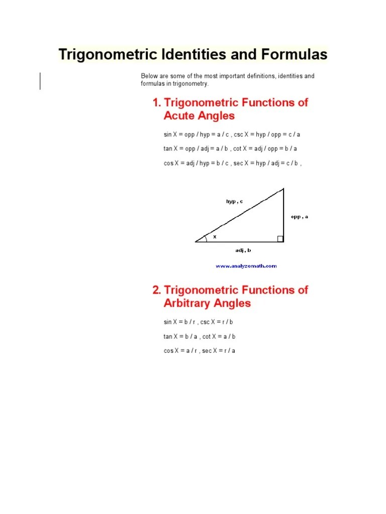Trigonometric Identities And Formulas | PDF | Sine | Trigonometric Functions