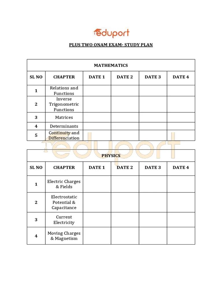 Plus Two Onam Exam Study Plan Pdf