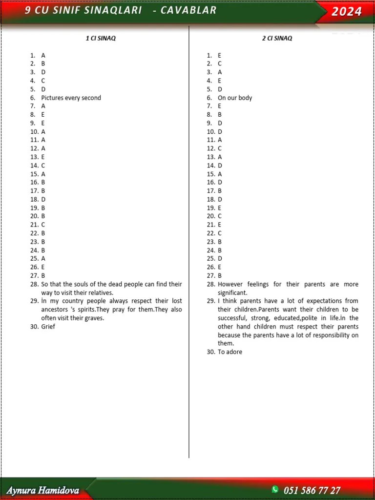 9 Cu Sinif Sınav Cavabları 2024 Pdf