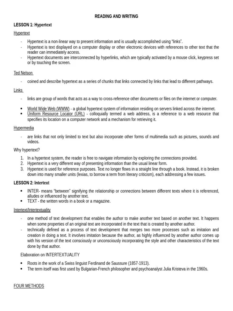 Reading And Writing 6 Lesson Summary Pdf Hypertext Hyperlink