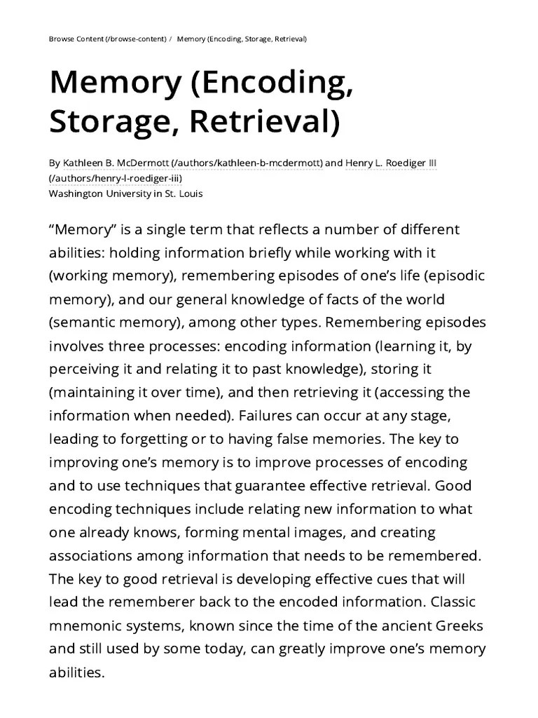 Memory (Encoding, Storage, Retrieval) - Noba | PDF | Recall (Memory ...