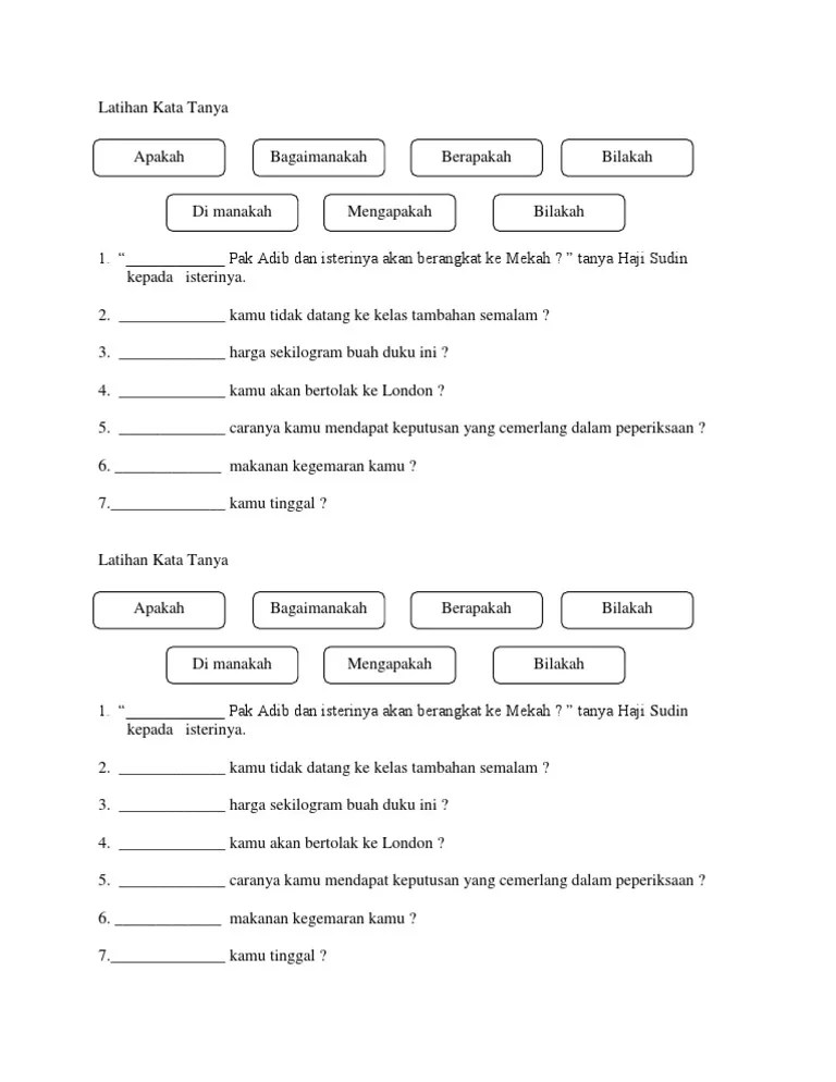 Tahun 2 bahasa melayu tatabahasa kata tanya dan ayat tanya youtube . Latihan Kata Tanya Pdf