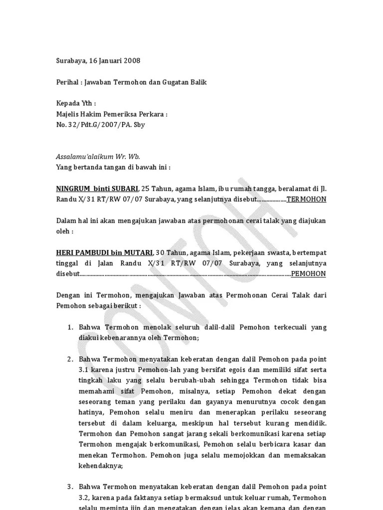 Setelah membaca dan mempelajari dengan seksama surat gugatan dari penggugat, maka bersama ini kami sampaikan jawaban dan eksepsi atas surat gugatan tersebut. Contoh Surat Jawaban Gugatan Cerai Tergugat