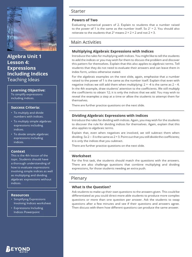 Algebra Unit 1 Lesson 4 - Teaching Ideas | PDF | Numbers | Algebra