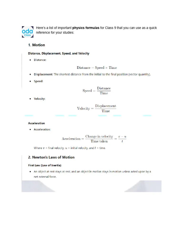 List Of Important Physics Formulas For Class 9 | PDF