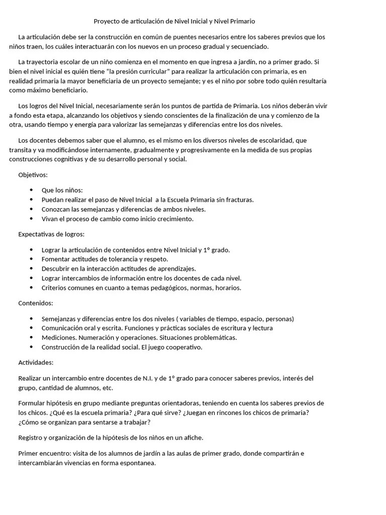 Proyecto De Articulación De Nivel Inicial Y Nivel Primario 2018 | PDF ...