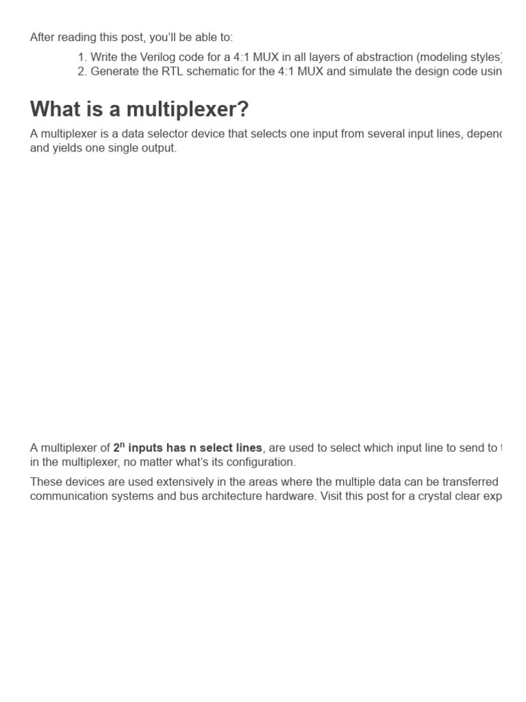 Verilog Code For 4 - 1 Multiplexer (MUX) - All Modeling Styles | PDF | Logic Gate | Electronic ...