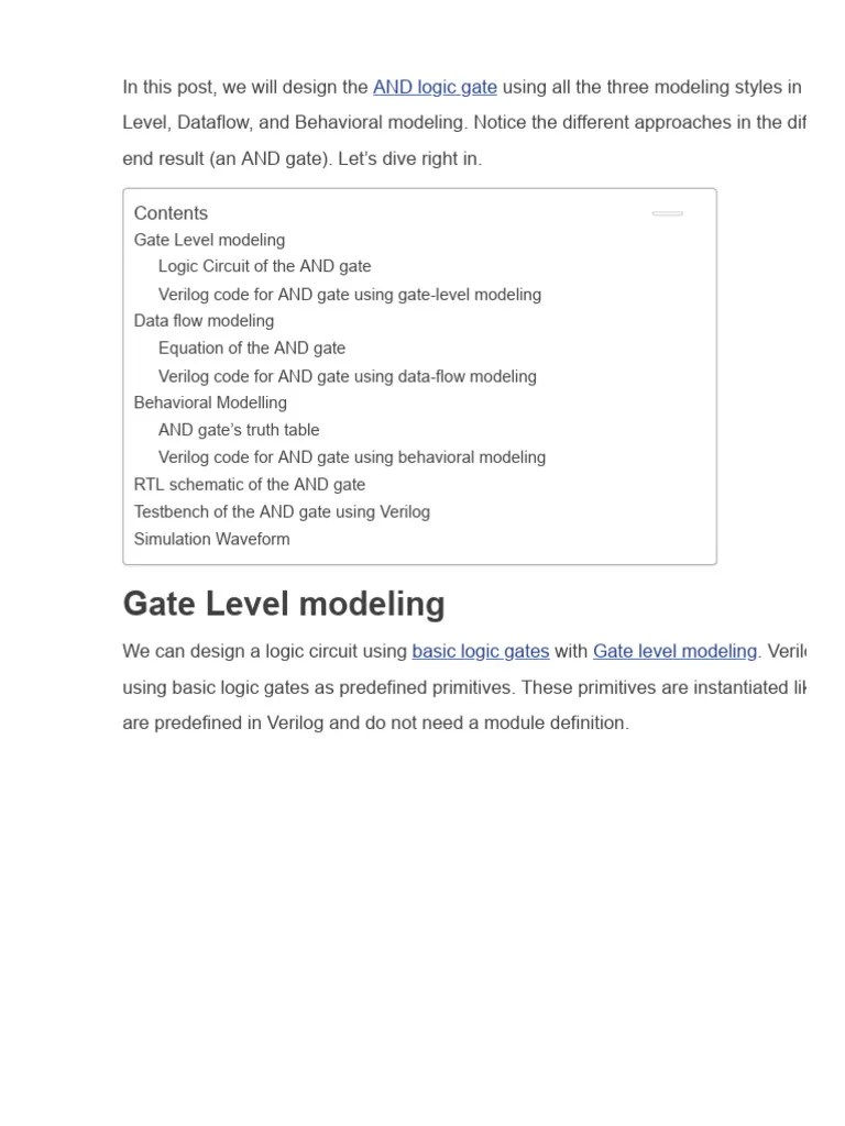 Verilog Code For AND Gate - All Modeling Styles | PDF | Logic Gate | Hardware Description Language