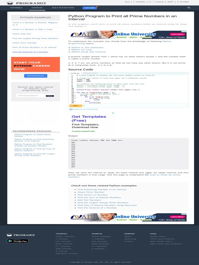 Python Program To Print All Prime Numbers In An Interval | PDF | Prime ...