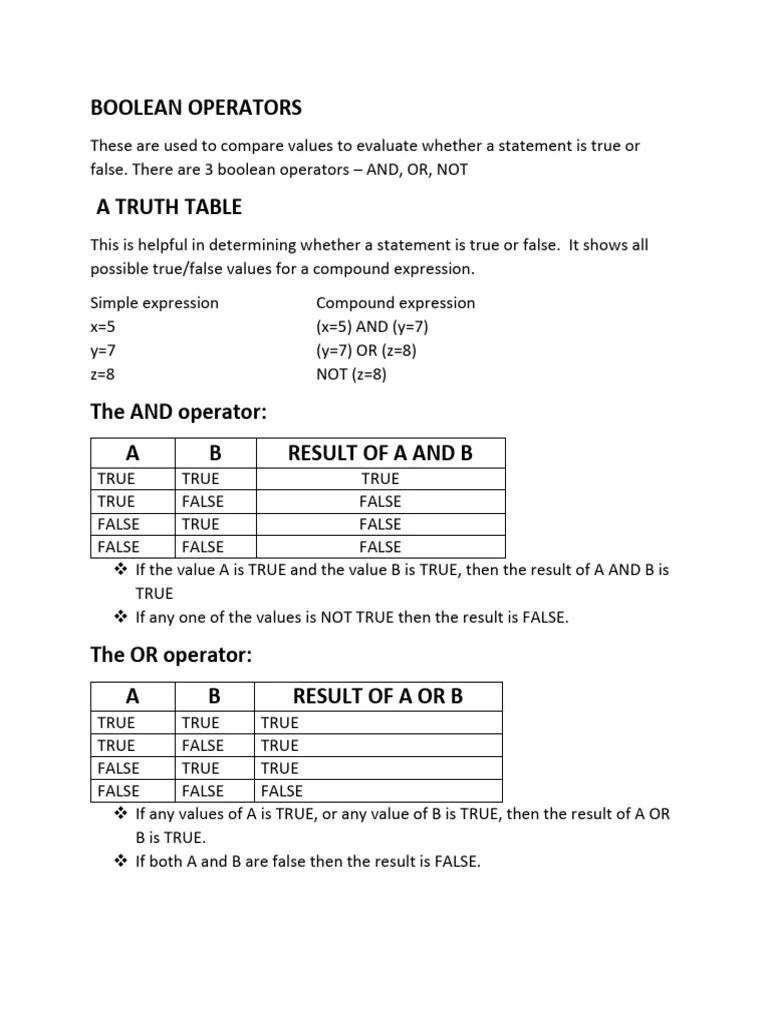 Boolean Operators And Truth Tables | PDF