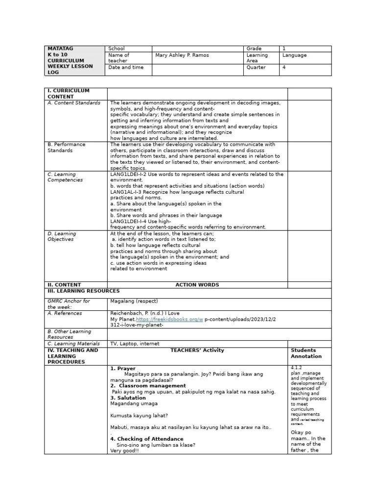 Grade 1 Language Q4 W4 Day1 Pdf Vocabulary Learning