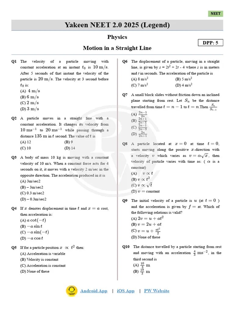 Motion In A Straight Line - DPP 05 (Of Lec-07) - Yakeen NEET | PDF ...