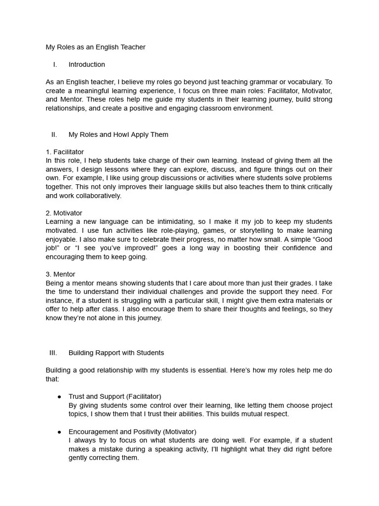 My Roles As An English Teacher Pdf Mentorship Teachers