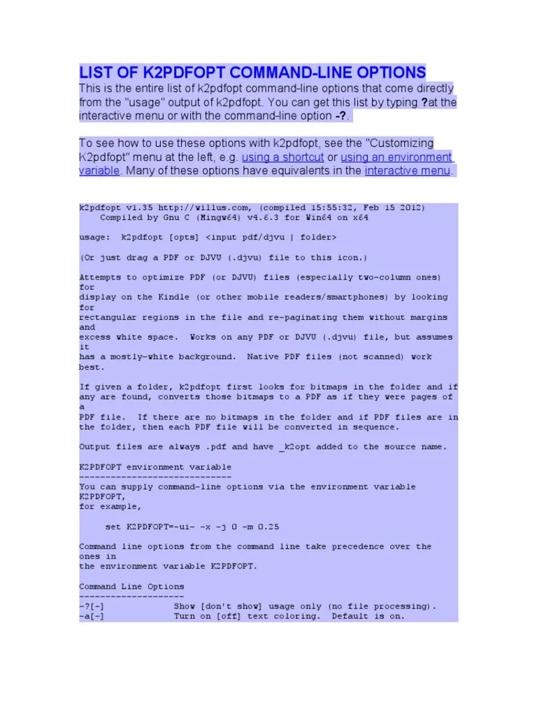 List Of K2pdfopt Command | PDF | Command Line Interface | Portable ...