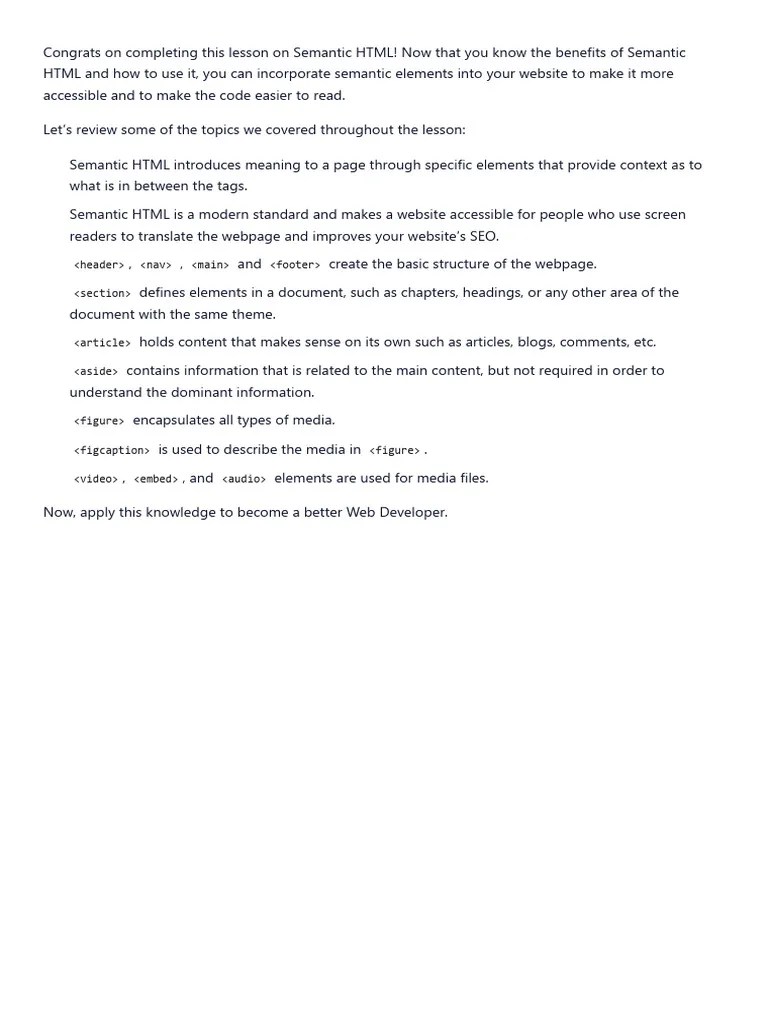 Review - Semantic HTML - Codecademy | PDF