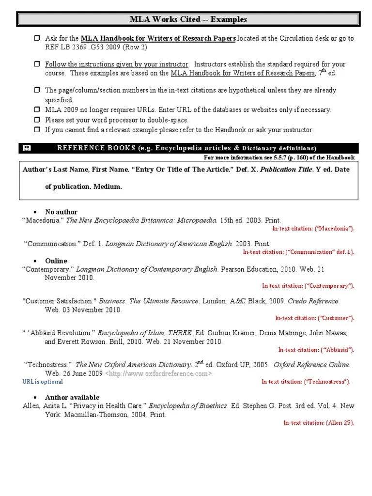 MLA Works Cited - Examples: REFERENCEBOOKS (E.g. Encyclopedia Articles ...