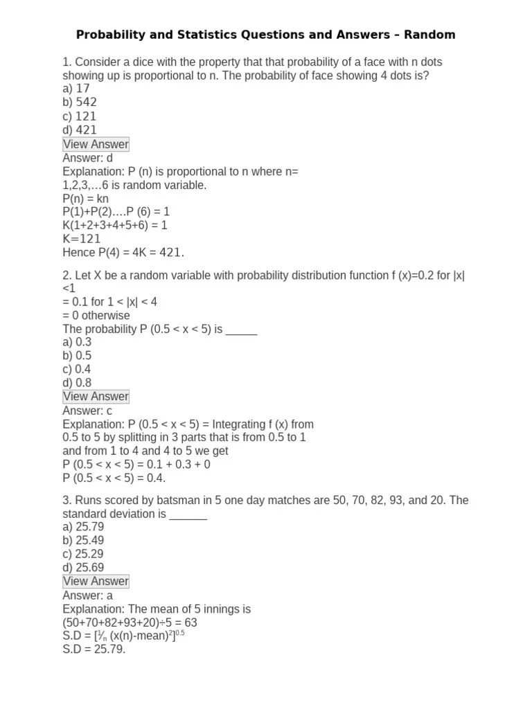 Probability And Statistics Questions And Answers | PDF | Probability ...