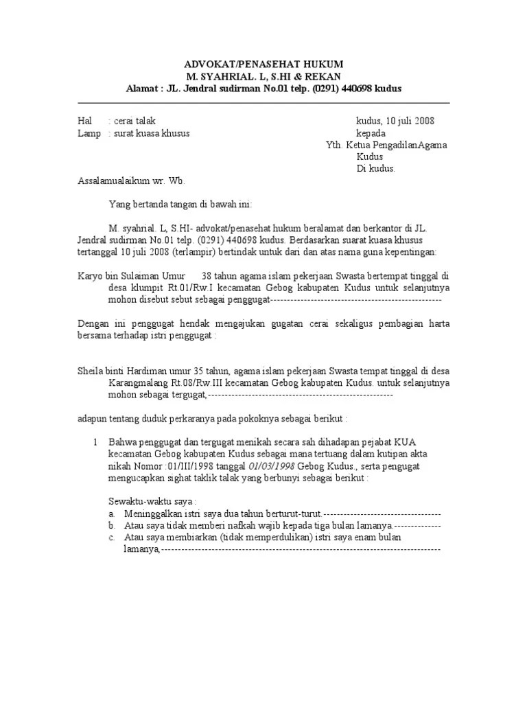 Contoh Surat Kuasa Cerai Gugat Di Pengadilan Agama Biaya jasa AdvokatPengacara untuk membuat surat gugatan cerai bervariatif.