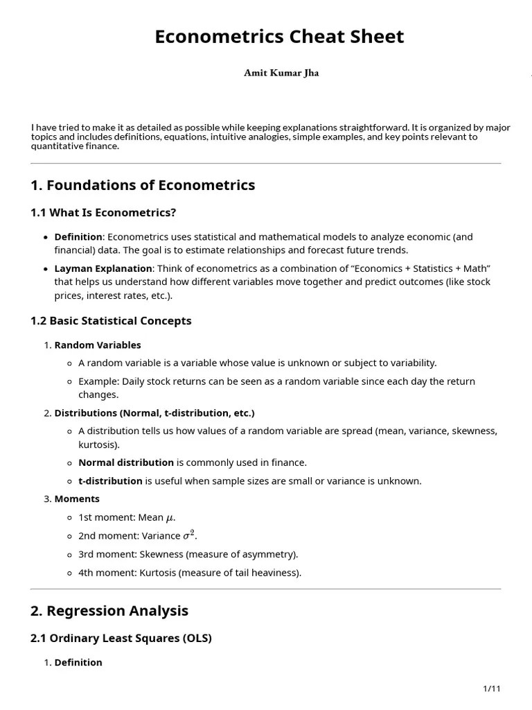 Econometrics Cheat Sheet Cheat Sheet Econometrics And Mathematical - Light Background Collection - Retina Quality
