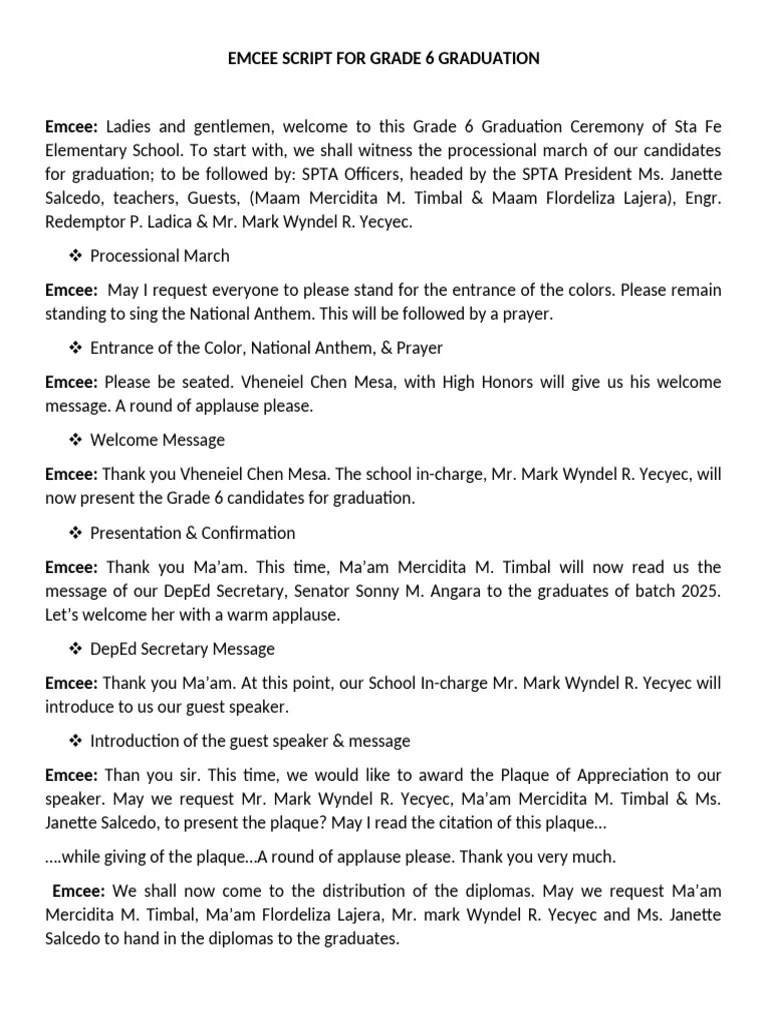 Grade 6 Graduation Emcee Script Pdf Rituals Ceremonies