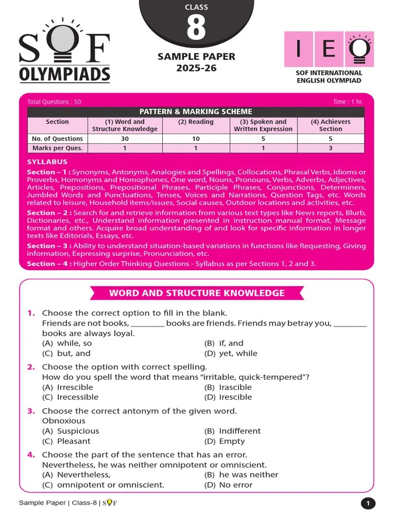 Ieo Sample Paper Class-8 2025-26 | PDF | Linguistics | Grammar