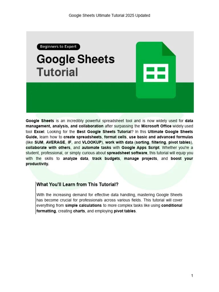 Google Sheets Tutorial With PDF Mastering Google Sheets In 2025 | PDF | Microsoft Excel ...