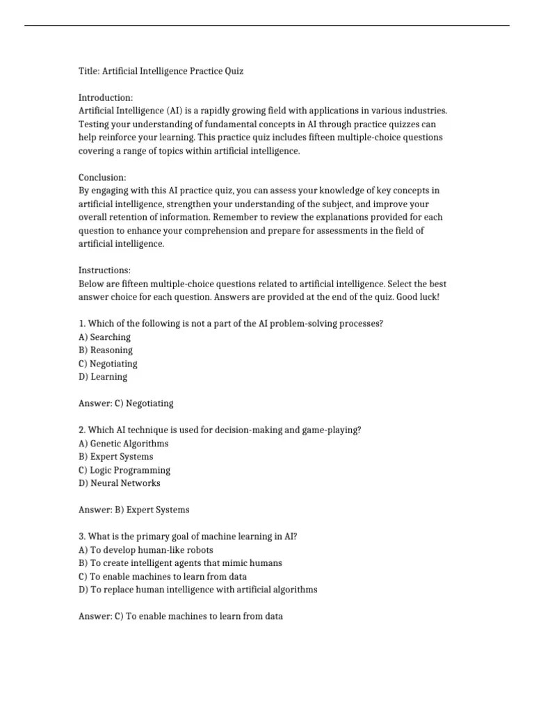BUSINESS 153 Artificial Intelligence Practice Quiz | PDF | Artificial ...