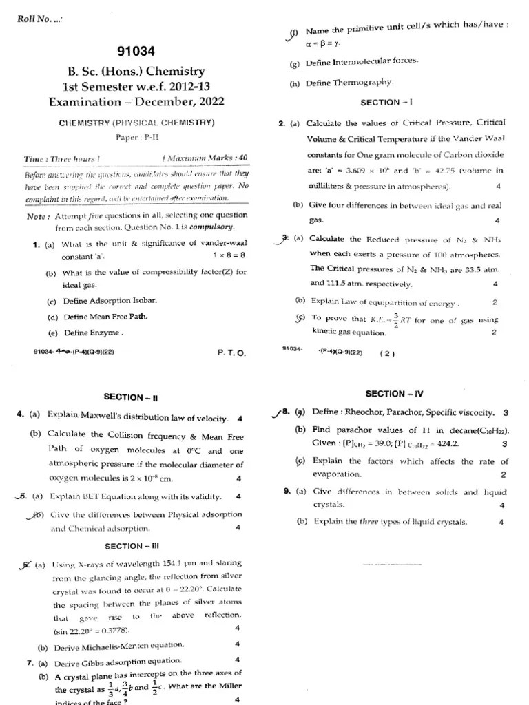 Bsc 1 Sem Chemistry Physical Chemistry 91034 Dec 2022 | PDF