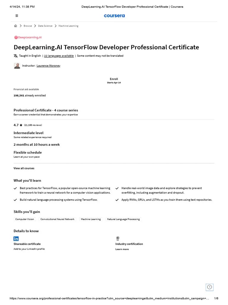 DeepLearning - AI TensorFlow Developer Professional Certificate - Coursera | PDF | Artificial ...