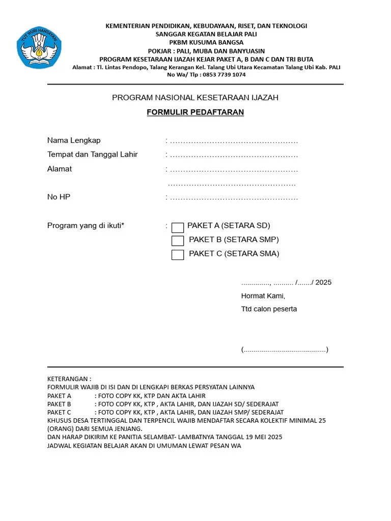 Formulir Program Nasional Kesetaraan Ijazah | PDF