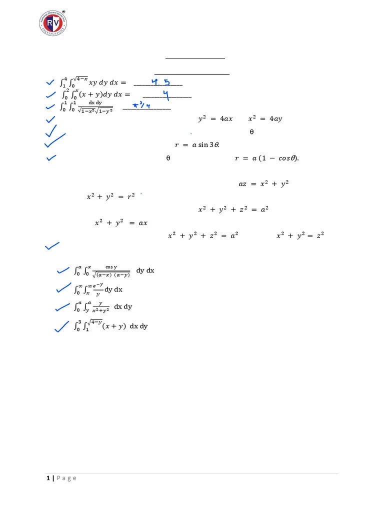 Unit 4 Multiple Integral Tutorial Sheets Pdf Integral Calculus