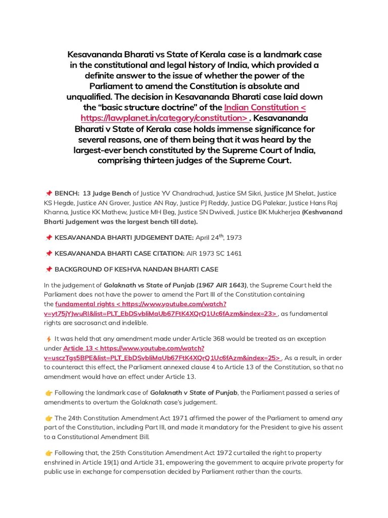 Kesavananda Bharati V State Of Kerala Summary Pdf Constitutional