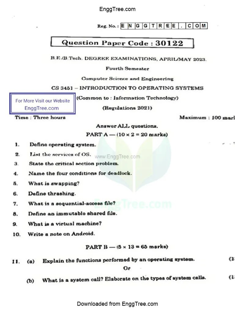 CS3451 Introduction To Operating Systems Apr May 2023 Question Paper ...
