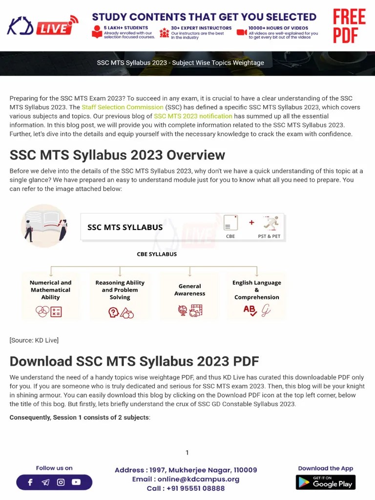 Ssc Mts Syllabus 2023 Subject Wise Topics Weightage | PDF