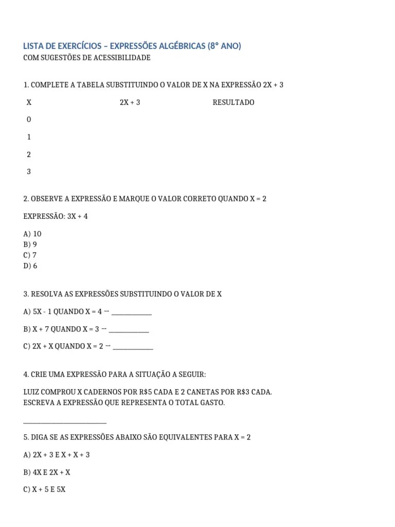 Lista Expressoes Algebricas 8ano | PDF