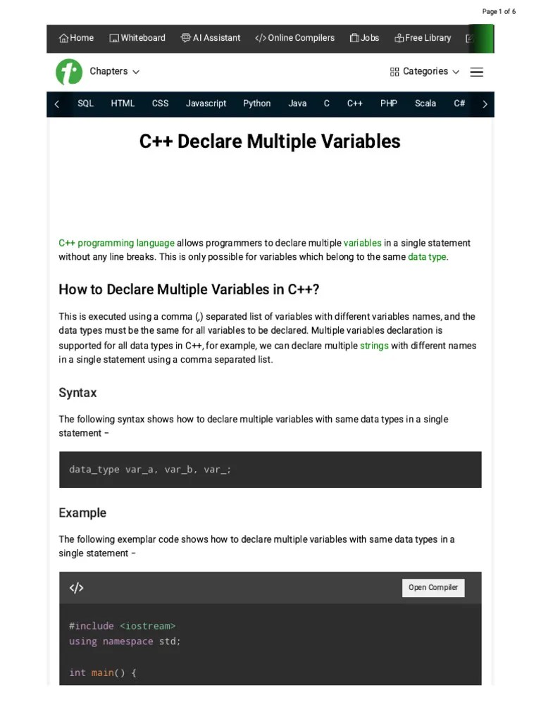 C++ Declare Multiple Variables | PDF | Namespace | C++