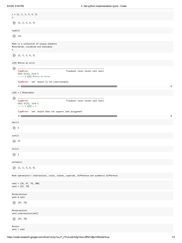 Set Python Implementation - Ipynb - Colab | PDF | Computer Programming | Software Engineering