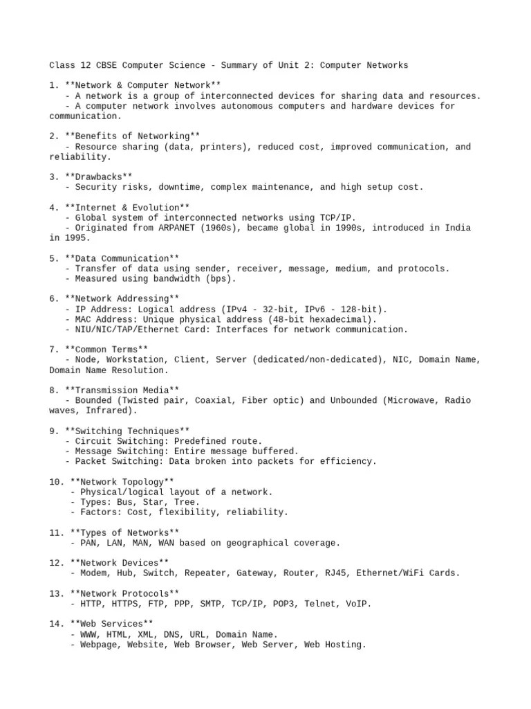 Computer Networks Summary Class12 Pdf