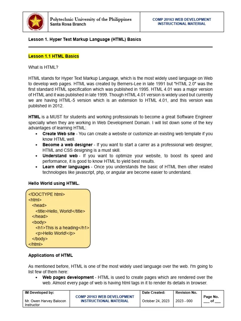 Lesson 2.1 Hyper Text Markup Language (HTML) Basics | PDF | Html | Html ...